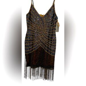 Papell Boutique Navy & Gold Sequin Mini Dress (Sz 10) NWT